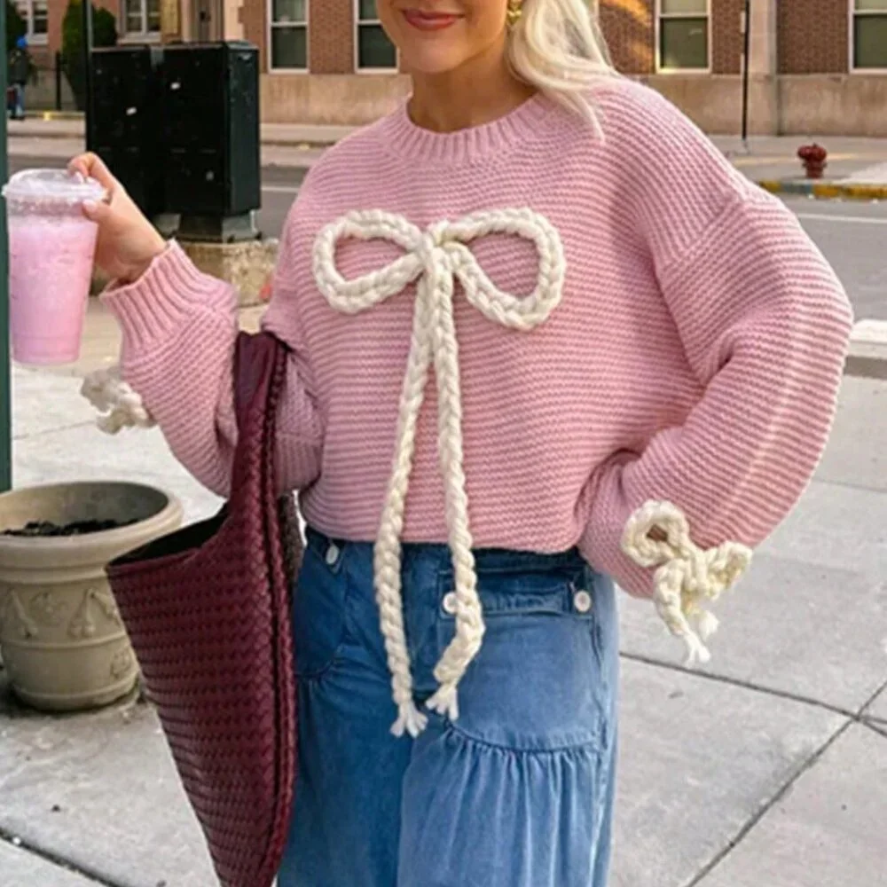 Pink Casual Women's Round Neck Chest Tie Bow Design Long-Sleeved Knit Pullover - Picture 1 of 3